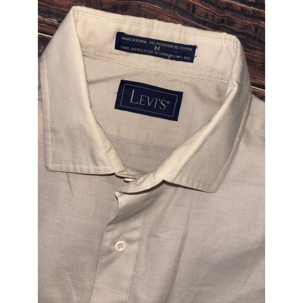 Levis Shirt Mens M Beige Solid Button Up Vintage Cotton Work Wear Logo 90s